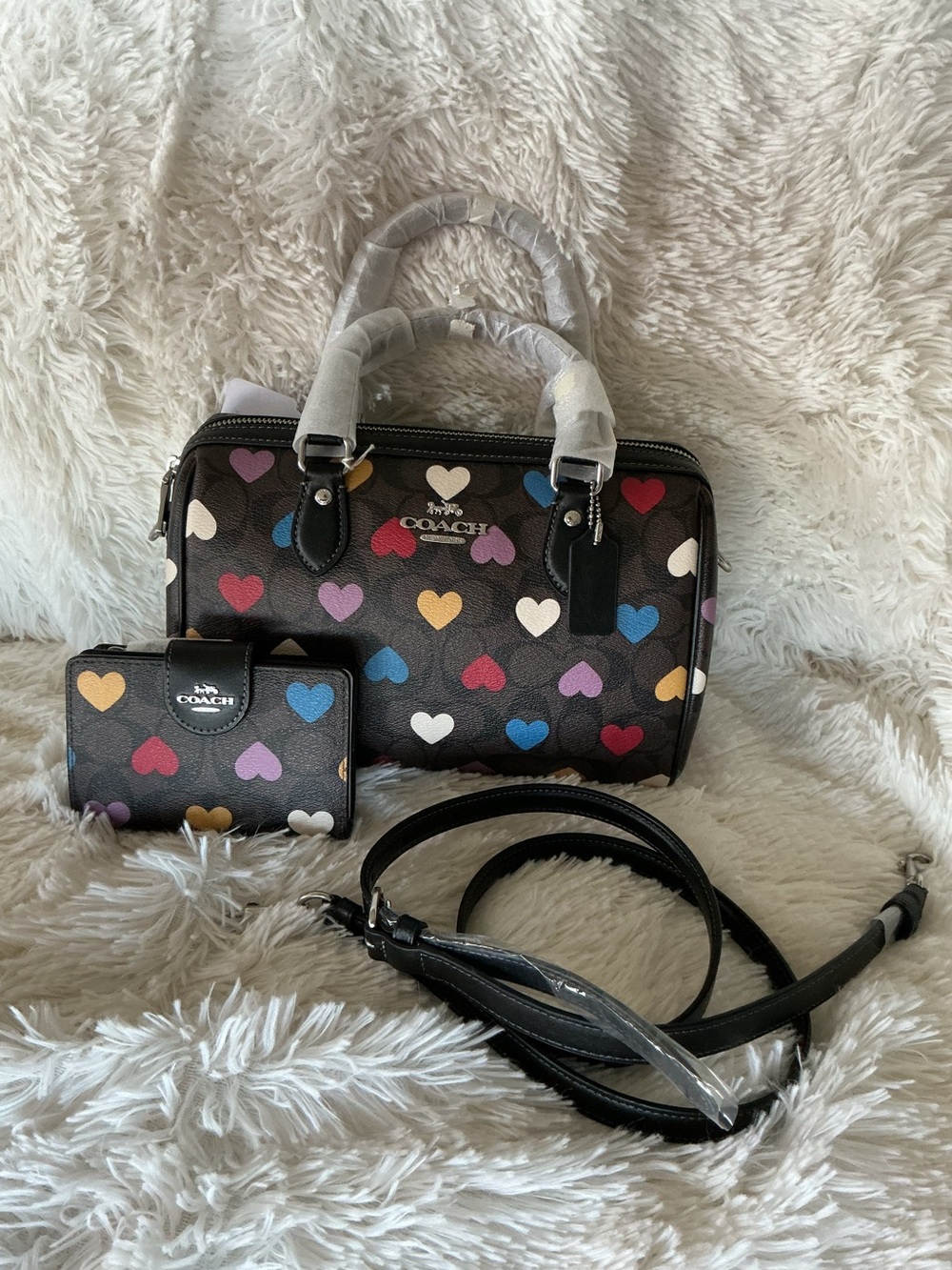 COACH Brown Signature Heart Print Rowan Satchel with Matching Wallet